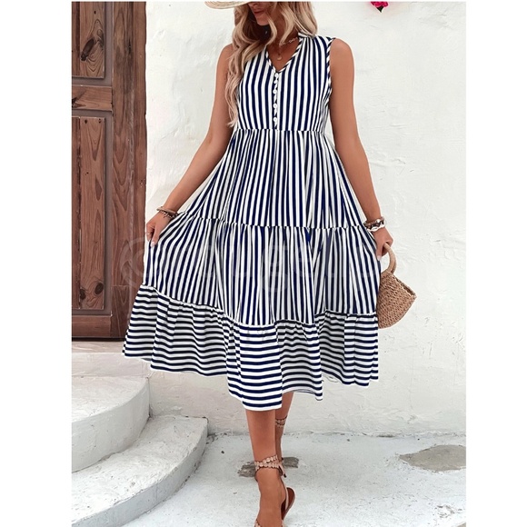Striped Blue White V-Neck Midi Dress Sleeveless Flared Ruffle Hem A-line - Picture 4 of 8